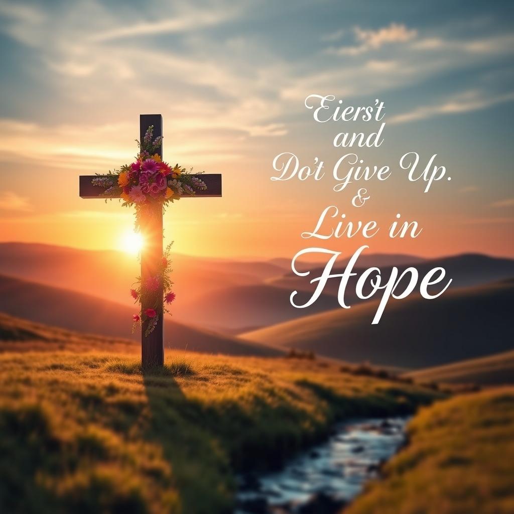 An inspiring, uplifting Easter-themed image for a Catholic magazine, featuring a serene sunrise over a tranquil landscape symbolizing hope and renewal