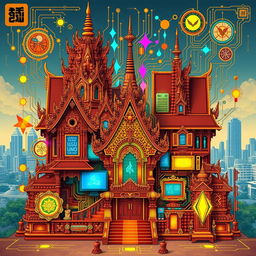 A vibrant and intricate design influenced by traditional Khmer aesthetics, seamlessly blending elements of modern technology and innovation