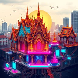 A vibrant and intricate design influenced by traditional Khmer aesthetics, seamlessly blending elements of modern technology and innovation