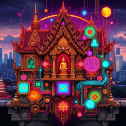 A vibrant and intricate design influenced by traditional Khmer aesthetics, seamlessly blending elements of modern technology and innovation