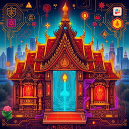 A vibrant and intricate design influenced by traditional Khmer aesthetics, seamlessly blending elements of modern technology and innovation