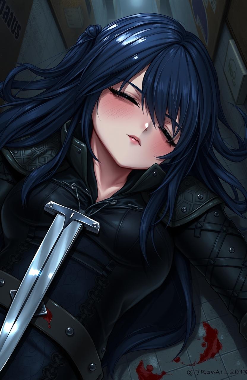 An assassin girl with a fierce yet delicate appearance, dressed in dark, stylish leather armor featuring intricate patterns