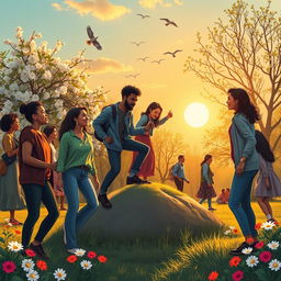 A vibrant and inspirational scene depicting a diverse group of people from various backgrounds coming together to help each other overcome obstacles