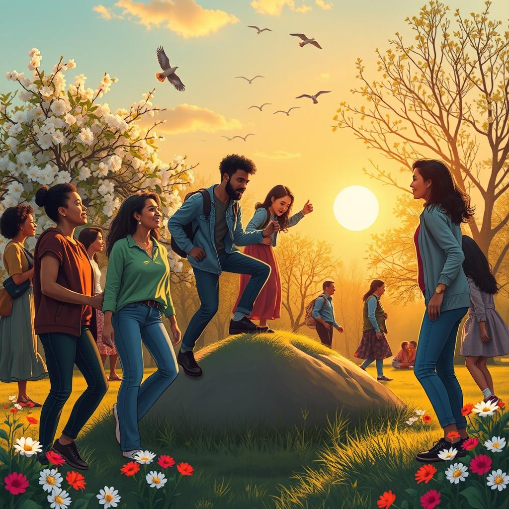 A vibrant and inspirational scene depicting a diverse group of people from various backgrounds coming together to help each other overcome obstacles