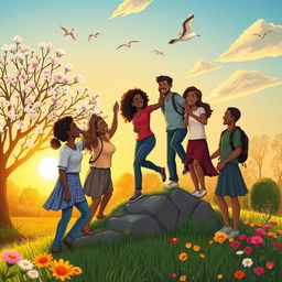A vibrant and inspirational scene depicting a diverse group of people from various backgrounds coming together to help each other overcome obstacles
