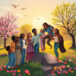 A vibrant and inspirational scene depicting a diverse group of people from various backgrounds coming together to help each other overcome obstacles