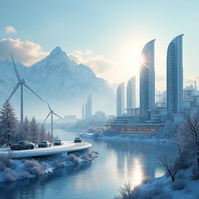 Create a modern design of a futuristic city set against the backdrop of Siberian snow-capped mountains