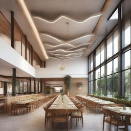 Design a dining hall with dimensions being 41ft by 13ft and a ceiling height of 11ft. Decorate it in a stylish yet functional way to promote communal dining.