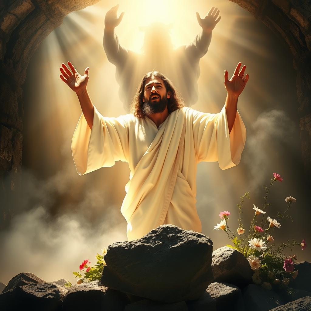 A dramatic and powerful depiction of the resurrection of Jesus Christ, showcasing Him emerging from a radiant light, symbolizing hope and victory over darkness