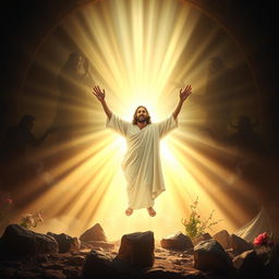 A dramatic and powerful depiction of the resurrection of Jesus Christ, showcasing Him emerging from a radiant light, symbolizing hope and victory over darkness