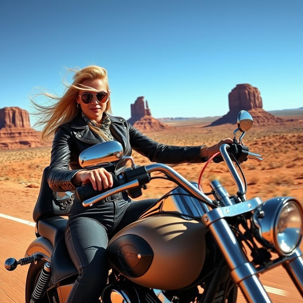 A stunning blonde bombshell riding a Harley Davidson motorcycle through the breathtaking landscapes of Monument Valley