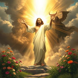 A powerful and uplifting artistic representation of Jesus Christ rising from the dead, embodying hope and victory over evil