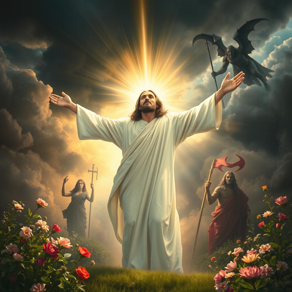A powerful and uplifting artistic representation of Jesus Christ rising from the dead, embodying hope and victory over evil