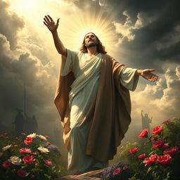 A powerful and uplifting artistic representation of Jesus Christ rising from the dead, embodying hope and victory over evil