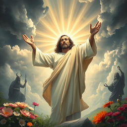 A powerful and uplifting artistic representation of Jesus Christ rising from the dead, embodying hope and victory over evil