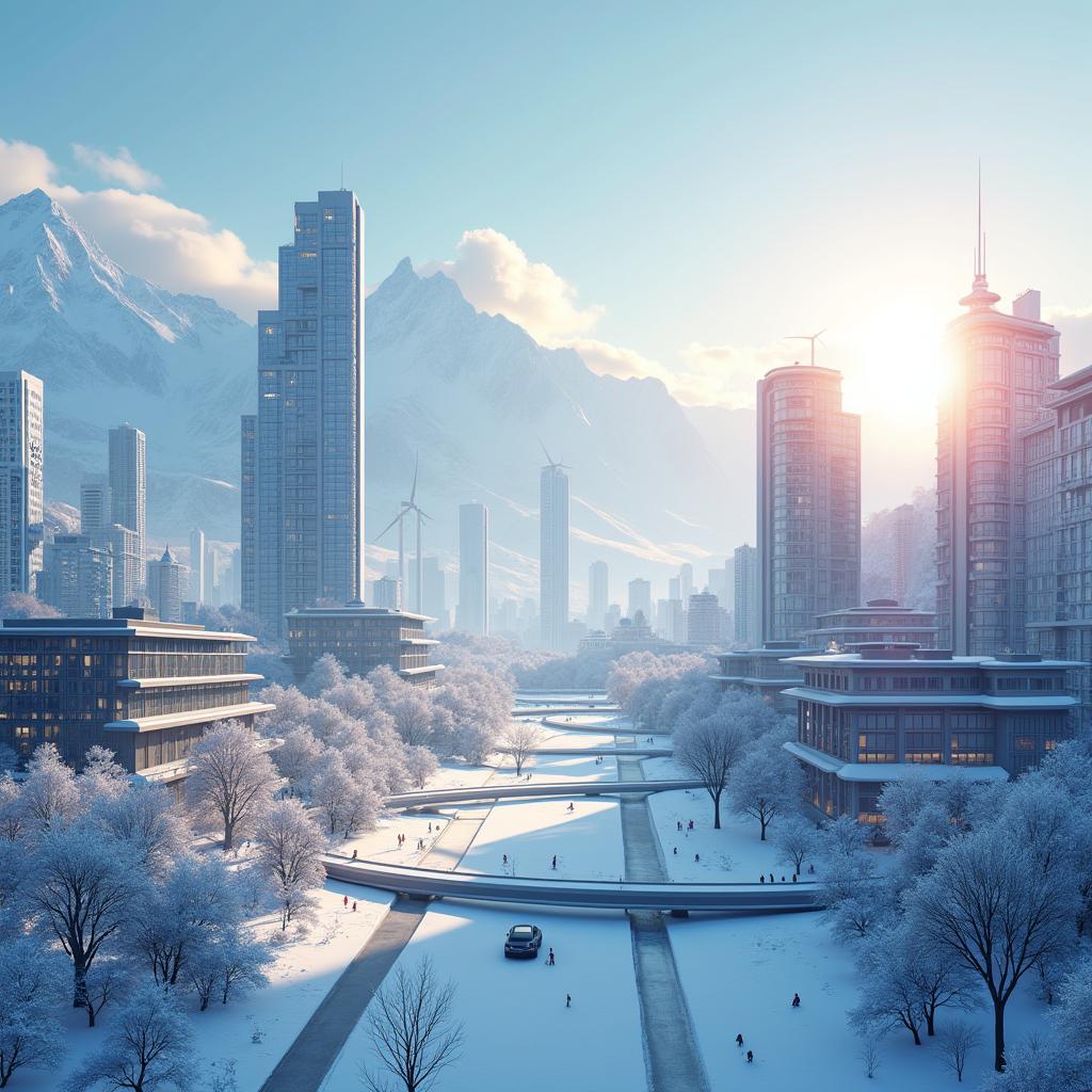 Create a modern design of a futuristic city set against the backdrop of snowy Siberian mountains