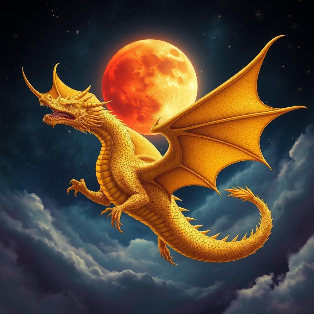 A majestic golden dragon soaring through a fantastical sky with a vivid, deep red moon looming in the background