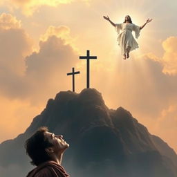 An evocative scene depicting the risen Jesus Christ descending from heaven in the upper right corner, surrounded by divine light and soft clouds