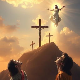 An evocative scene depicting the risen Jesus Christ descending from heaven in the upper right corner, surrounded by divine light and soft clouds