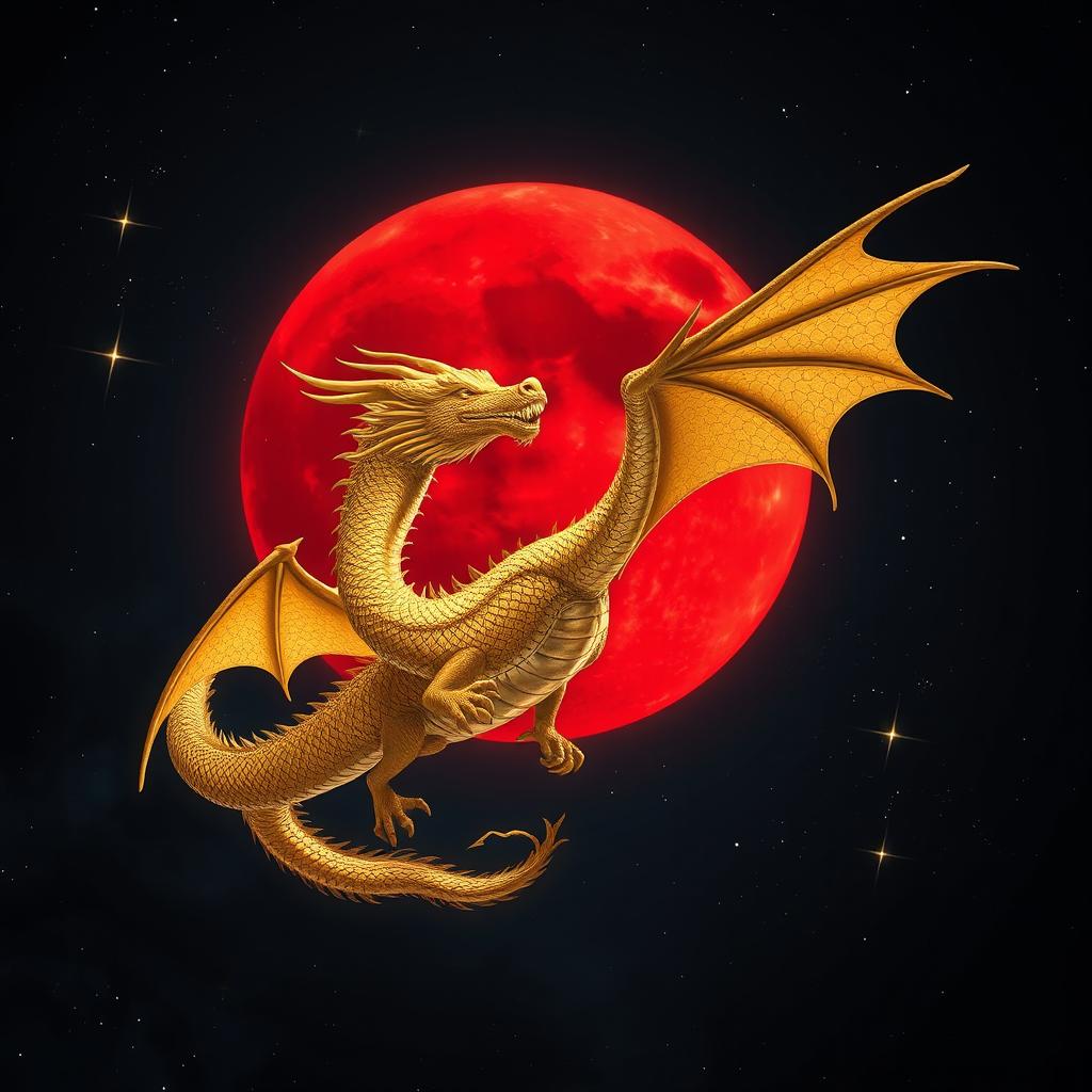 A formidable golden dragon flying gracefully against a striking red moon