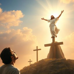 A powerful scene featuring the risen Jesus Christ emerging triumphantly from the heavens in the upper right corner, bathed in specular light, symbolizing victory and hope