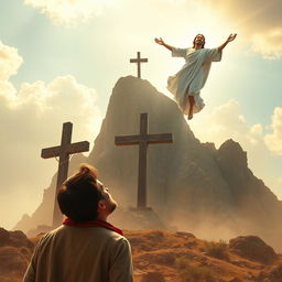 A powerful scene featuring the risen Jesus Christ emerging triumphantly from the heavens in the upper right corner, bathed in specular light, symbolizing victory and hope