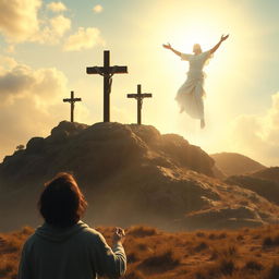 A powerful scene featuring the risen Jesus Christ emerging triumphantly from the heavens in the upper right corner, bathed in specular light, symbolizing victory and hope