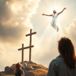 A powerful scene featuring the risen Jesus Christ emerging triumphantly from the heavens in the upper right corner, bathed in specular light, symbolizing victory and hope