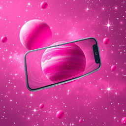 A sleek modern smartphone on a cosmic background filled with vibrant pink planets orbiting around each other