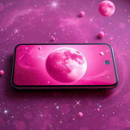 A sleek modern smartphone on a cosmic background filled with vibrant pink planets orbiting around each other