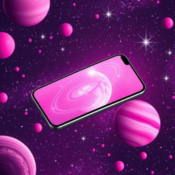 A sleek modern smartphone on a cosmic background filled with vibrant pink planets orbiting around each other
