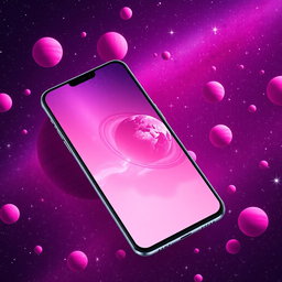 A sleek modern smartphone on a cosmic background filled with vibrant pink planets orbiting around each other