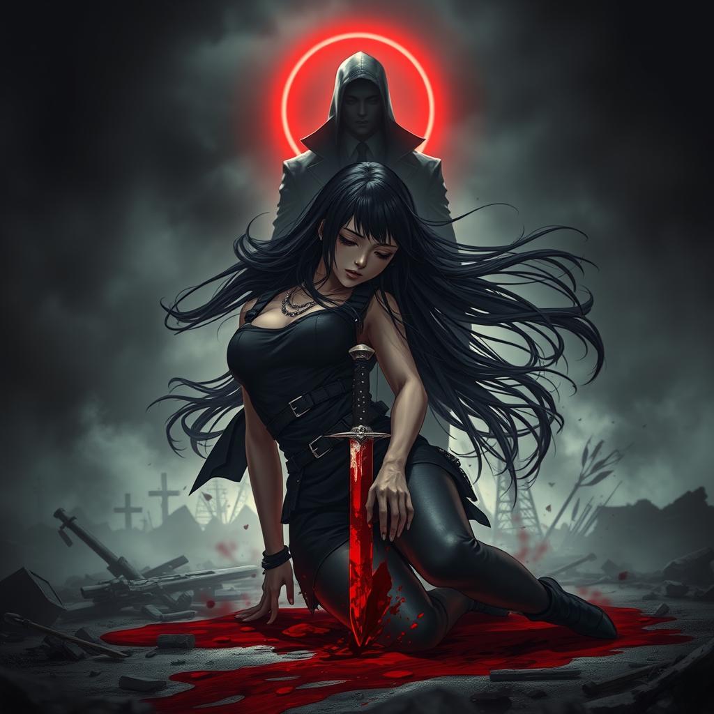 A dramatic scene featuring the main character, an assassin girl with long black hair and striking black eyes, dressed in a sleeveless black combat outfit