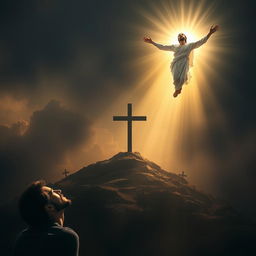 A powerful and evocative scene depicting the risen Jesus Christ emerging victoriously from the depths of heaven in the upper right corner, surrounded by brilliant specular light that shines behind Him, emphasizing His triumph