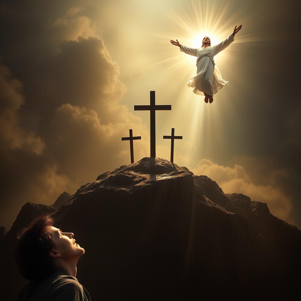 A powerful and evocative scene depicting the risen Jesus Christ emerging victoriously from the depths of heaven in the upper right corner, surrounded by brilliant specular light that shines behind Him, emphasizing His triumph