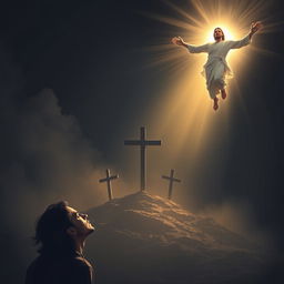 A powerful and evocative scene depicting the risen Jesus Christ emerging victoriously from the depths of heaven in the upper right corner, surrounded by brilliant specular light that shines behind Him, emphasizing His triumph