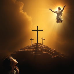 A powerful and evocative scene depicting the risen Jesus Christ emerging victoriously from the depths of heaven in the upper right corner, surrounded by brilliant specular light that shines behind Him, emphasizing His triumph