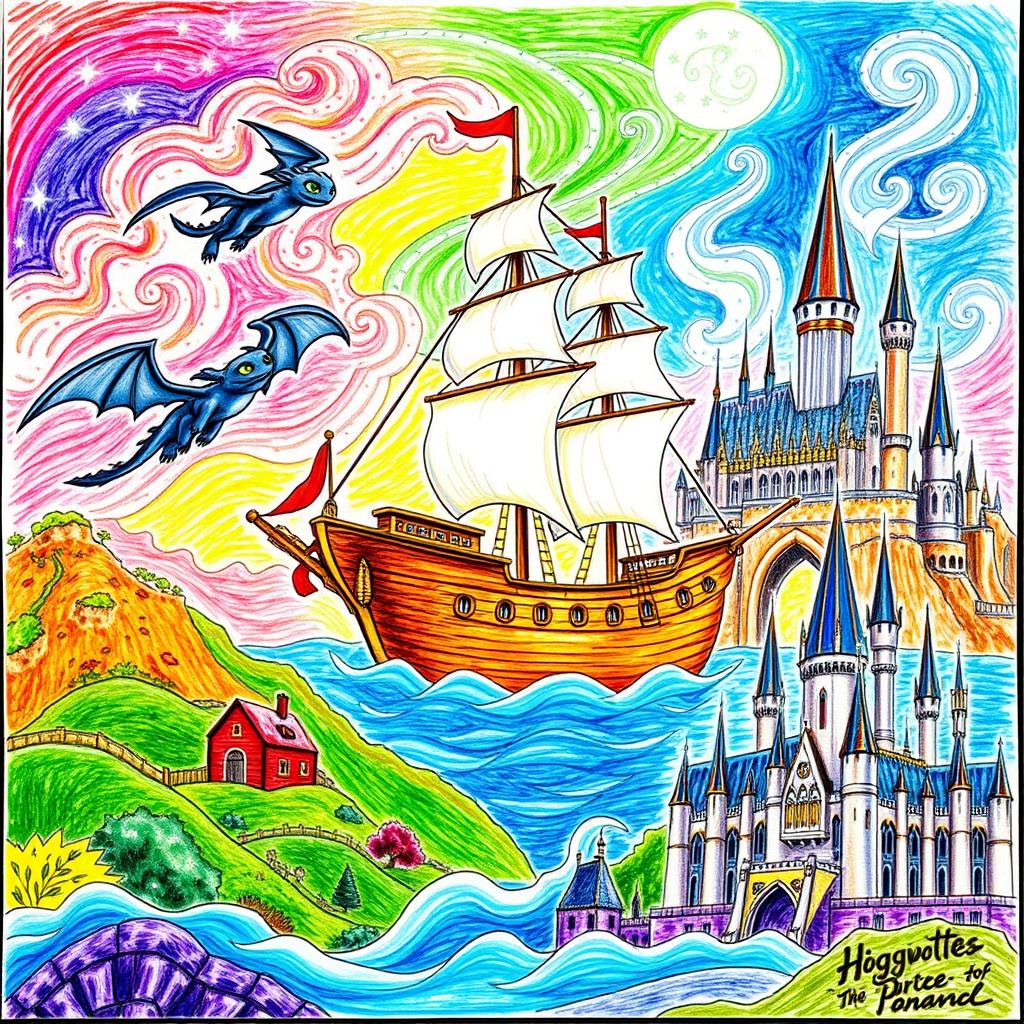 A vibrant drawing featuring a majestic pirate ship prominently in the center