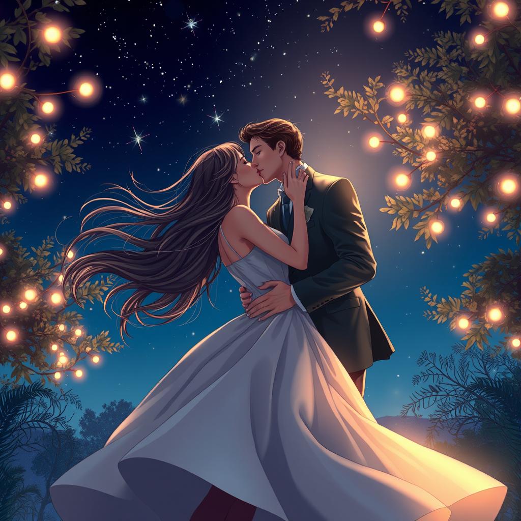 A romantic scene capturing a passionate kiss between a couple under a starry night sky