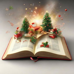 An open book with a jubilant Christmas scene exploding from its centrefold, filled with holiday cheer and festive elements.
