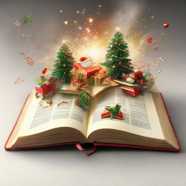 An open book with a jubilant Christmas scene exploding from its centrefold, filled with holiday cheer and festive elements.