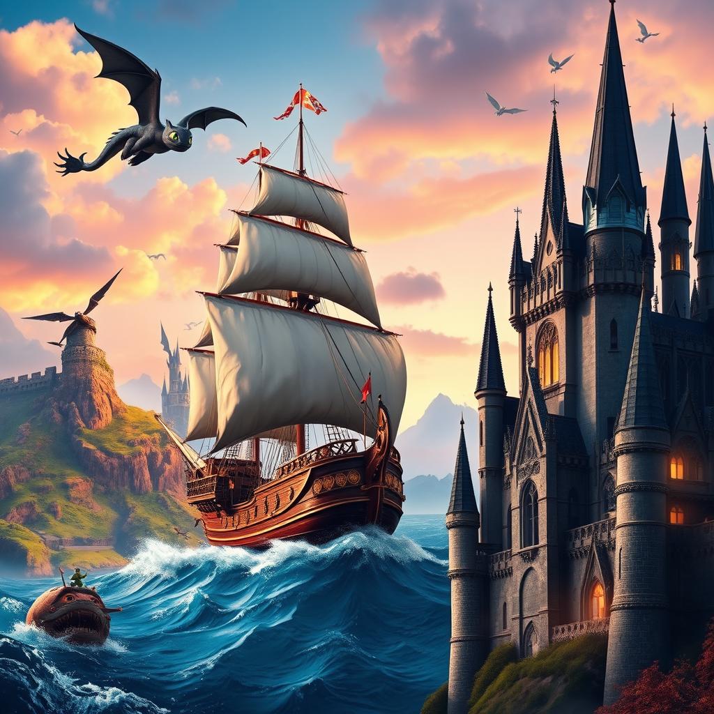 A fantastical scene depicting a pirate ship majestically sailing in the center of the image, with its sails billowing in the wind and pirate flags flying high