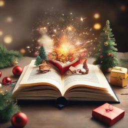 An open book with a jubilant Christmas scene exploding from its centrefold, filled with holiday cheer and festive elements.