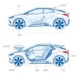 Create a detailed blueprint of a futuristic electric vehicle, showcasing various angles including the front, side, rear, and interior