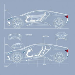 Create a detailed blueprint of a futuristic electric vehicle, showcasing various angles including the front, side, rear, and interior