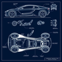 Create a detailed blueprint of a futuristic electric vehicle, showcasing various angles including the front, side, rear, and interior