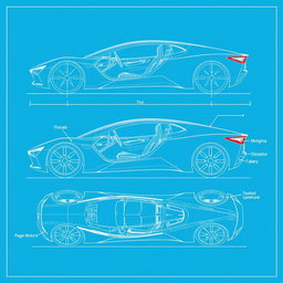 Create a detailed blueprint of a futuristic electric vehicle, showcasing various angles including the front, side, rear, and interior