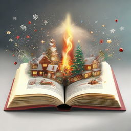 An open book with a jubilant Christmas scene exploding from its centrefold, filled with holiday cheer and festive elements.