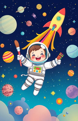A vibrant and playful space scene featuring a cute young astronaut floating in space, joyfully holding crayons and a paintbrush, as if coloring the universe