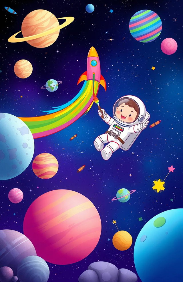 A vibrant and playful space scene featuring a cute young astronaut floating in space, joyfully holding crayons and a paintbrush, as if coloring the universe